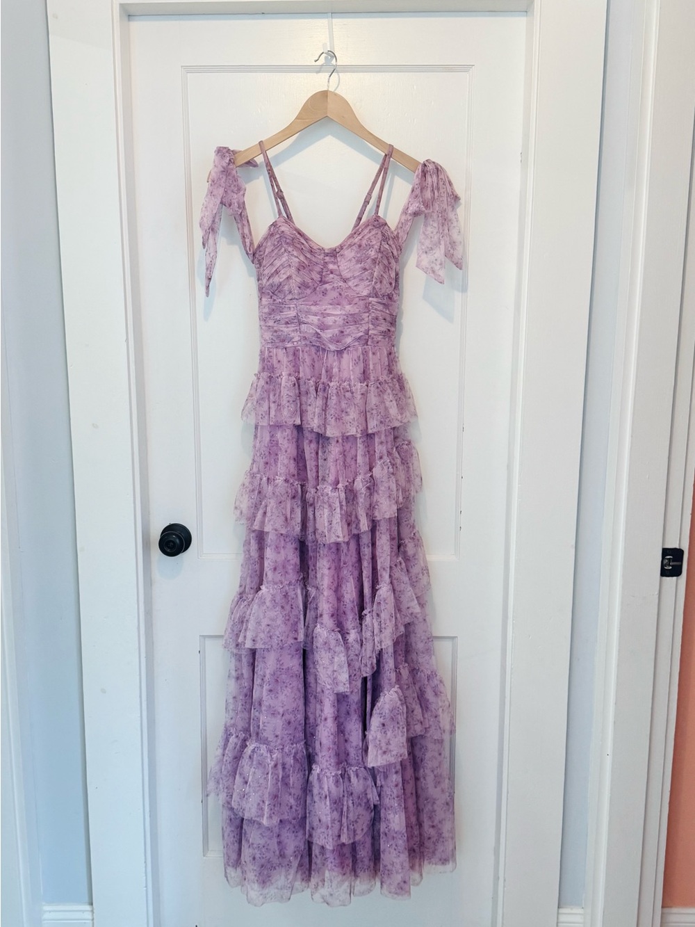 Lilac Tiered Lace Prom Dress with Bow Straps
